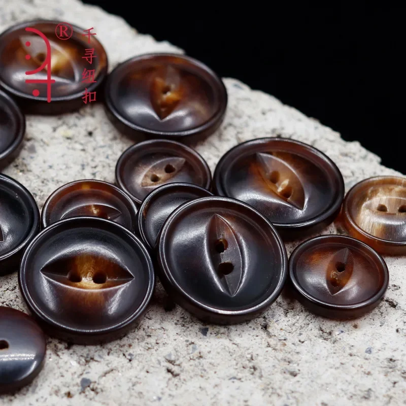 5PC Natural Horns Brown Round Fisheye Horse Eye 2-holes Flatback Button Unique Sewing Craft Sweater Coat Scrapbook Jewelry Decor