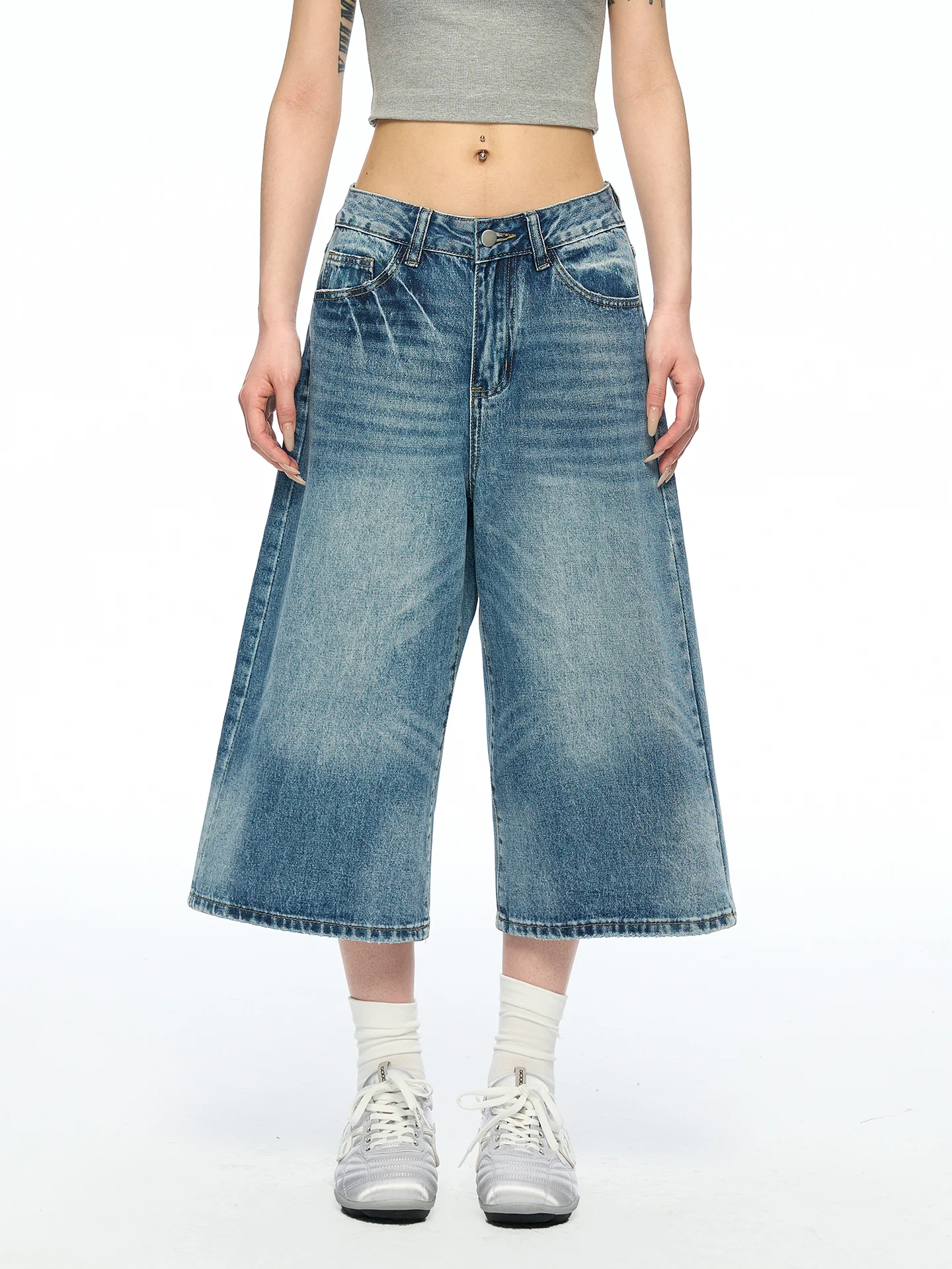 Aaisup American High Street Loose Fit Seven-Foot Jeans Women Summer Thin Wide Leg Lazy Style Straight Cut Denim Pants