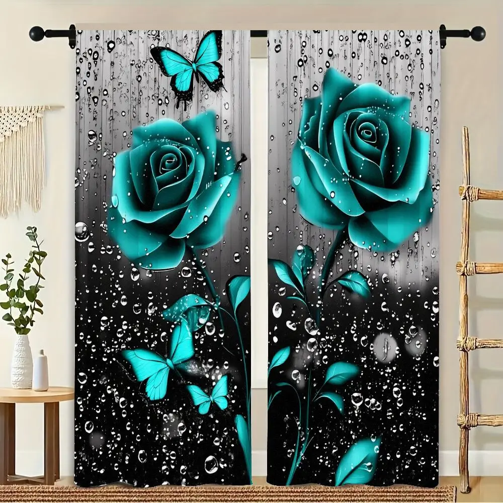 

2Pcs Curtain Turquoise Roses Butterflies With Dewdrops Window Drapes. for Bedroom Living Room Decoration Window Treatment.