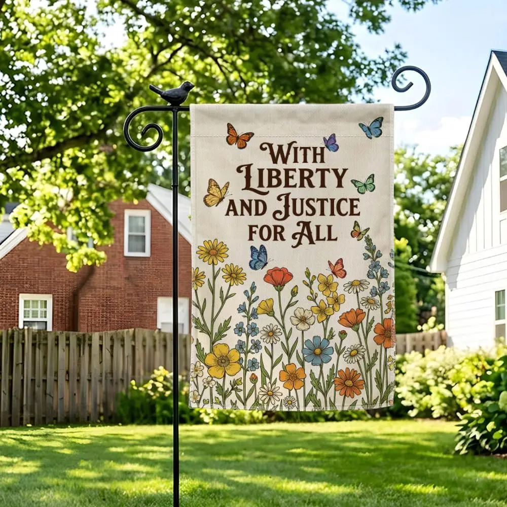 With Liberty and Justice for All Garden Flag, Patriotic Floral Butterfly Outdoor Flag, American Freedom Quote Yard Banner, S jjp