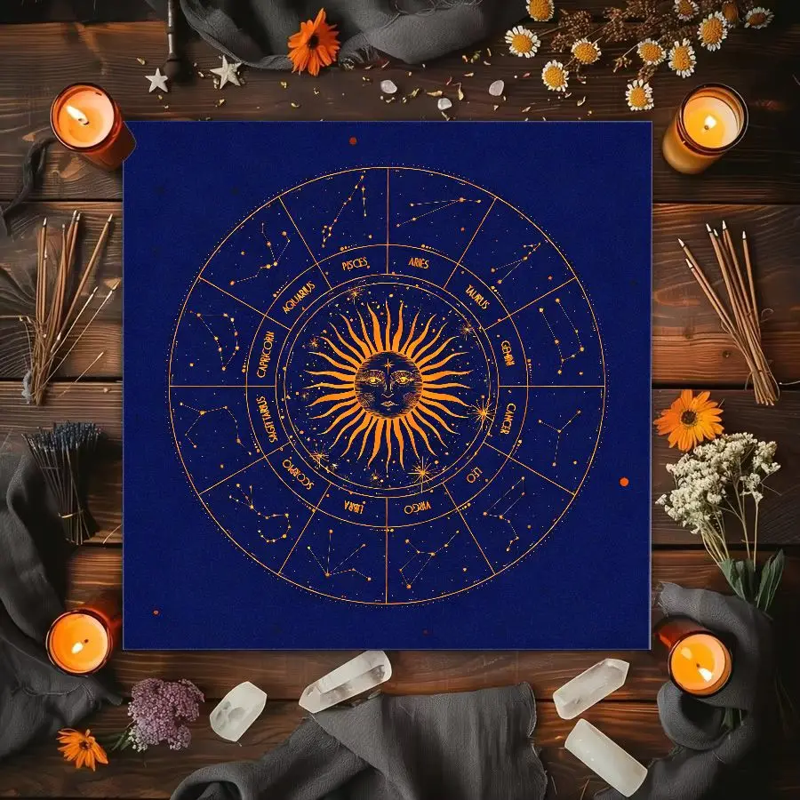 VIKAMA 12 Zodiac Signs Altar Cloth Black Gold Star Chart Table Mat for Witchcraft Decor