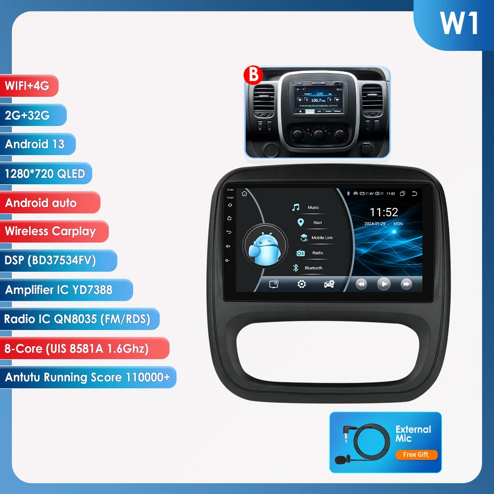 9" Hizpo 2Din CarPlay Android Auto Autoradio für Opel Vivaro B 2014 - 2018 Renault Trafic 2014 - 2021 RDS DSP GPS Navi BT 4G SWC 10