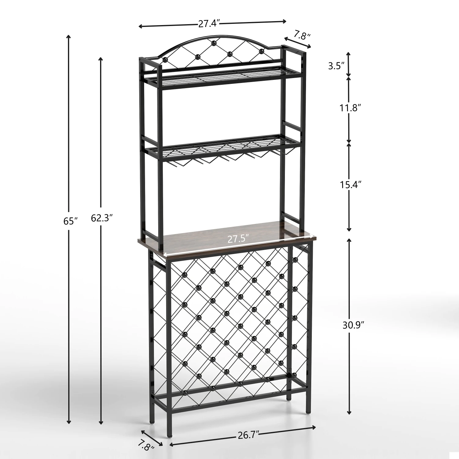 Industrial Wine Rack Bar Table, 3-Tier Liquor Bottle and Glass Holder with Storage Shelves, Metal and Wood Wine Organizer for Ho