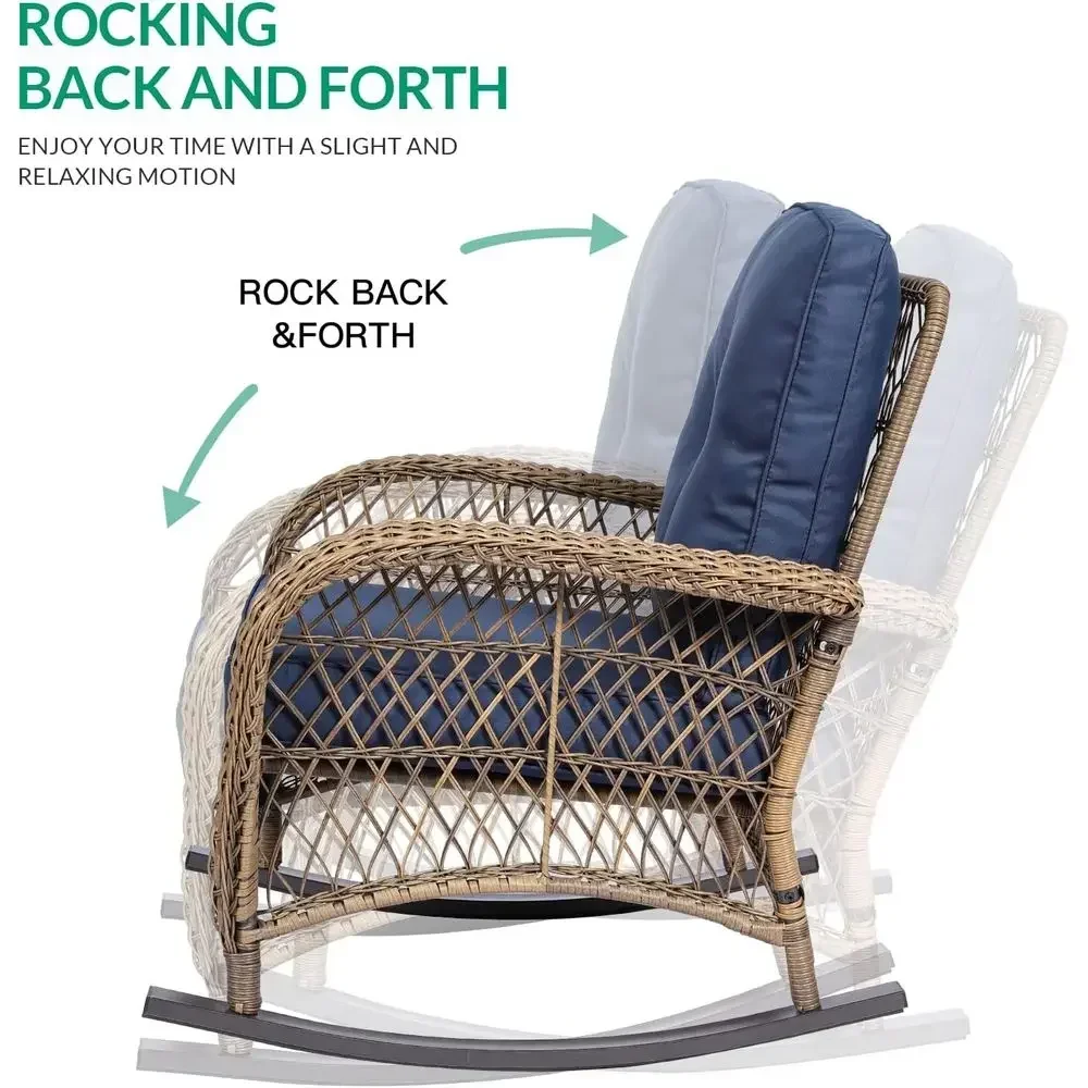 All-Weather Navy Blue Outdoor Wicker Rocking Chair with Cushions for Patio, Lawn, or Garden