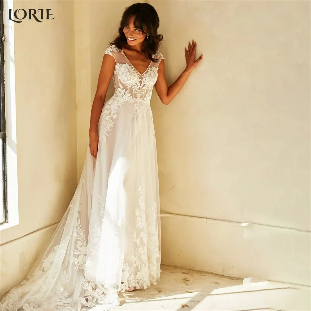 

LORIE Bohemia Lace Wedding Dresses V-Neck Sleeveless A-Line Appliques Flowers Bridal Gowns Backless Buttons Princess Bride Dress