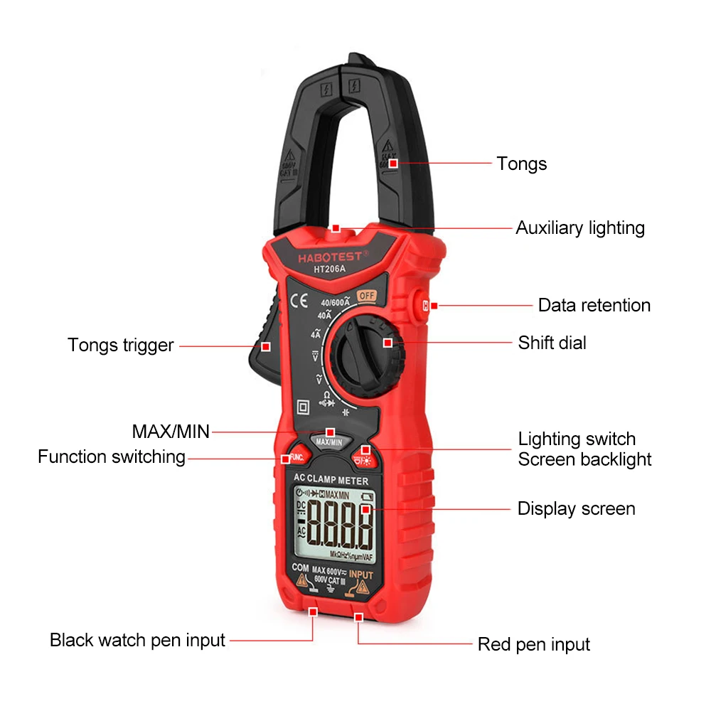 HT206A HT206B HT206D Digital Clamp Meter TRMS 6000count 600A DC AC Current AC/DC Voltage NCV Continuity Resistance Diode Hz Test