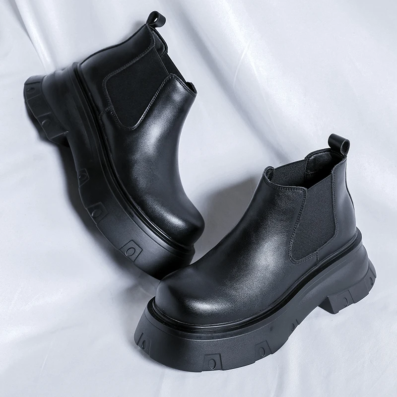 

Men's thick soled boots Classic casual designer style fashion party Hot selling Black high top leather shoes Autumn and winter
