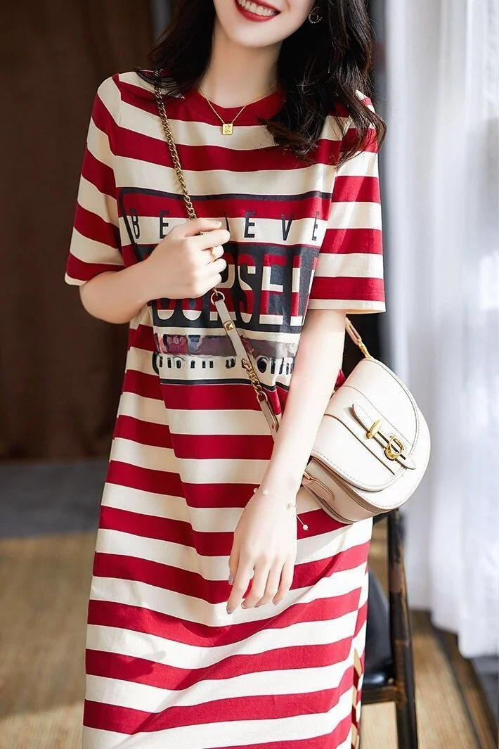 Été 2023 femmes décontracté rayure Dr t-shirt Dres rond Ne taille ample a-ligne jupe Polyester fibre longue Sve Dr