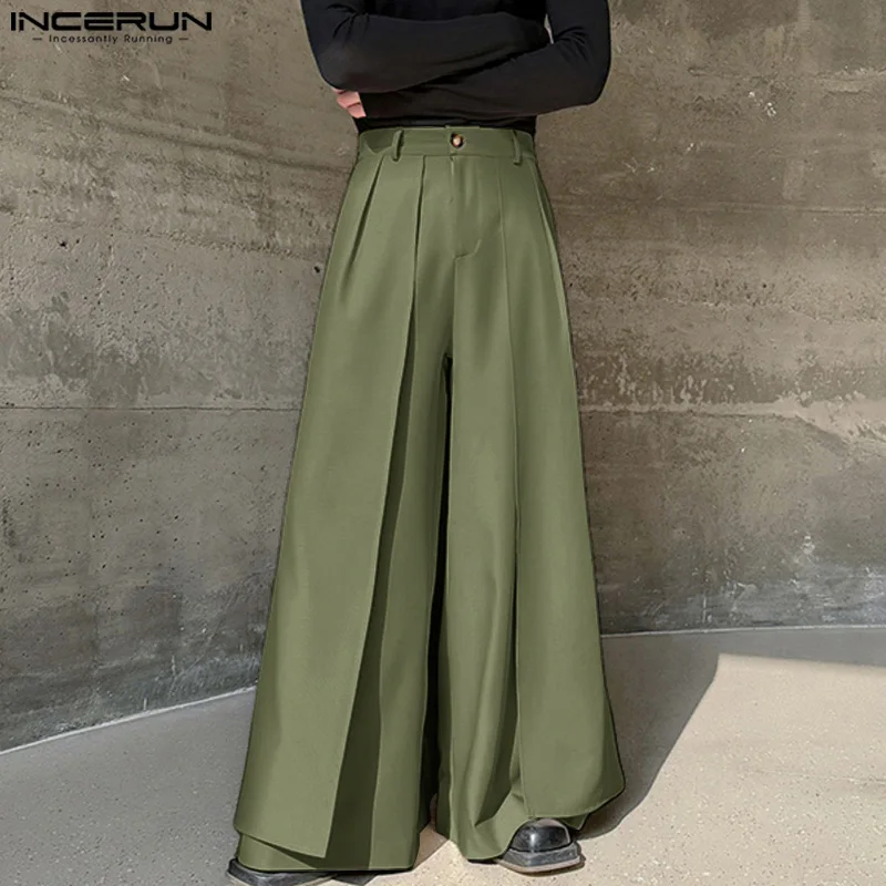 2024 Men\'s Wide Leg Pants Solid Color Button Joggers Loose Irregular Trousers Men Streetwear Fashion Casual Long Pants INCERUN