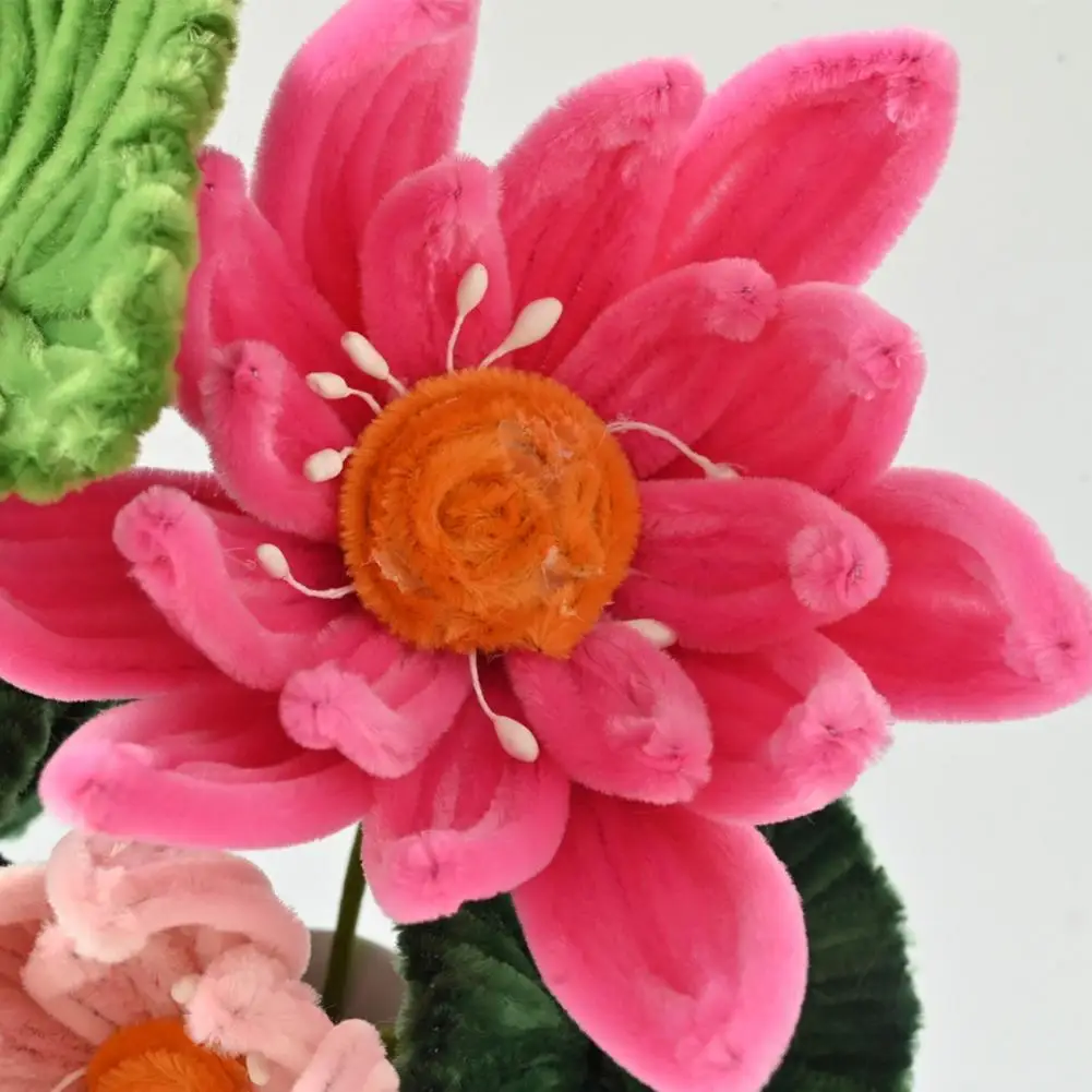 Finished Pipe Cleaner Flower Bouquet 2 Lotus Flowers 3 Lotus Leaves Artificial Chenille Stems Flower Craft For Vase Fake Flower view 3