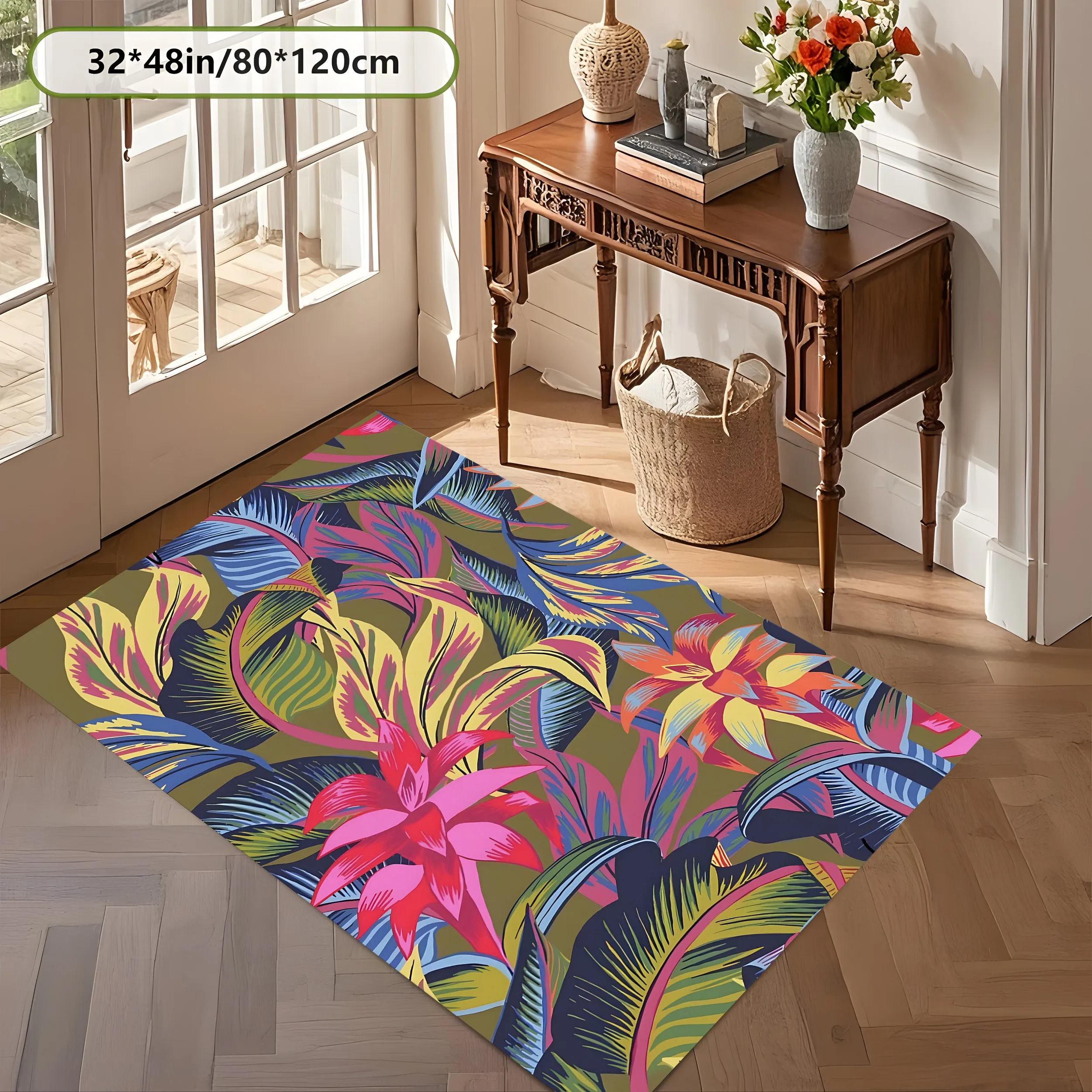 Contrasting Tropical Floral 2D Area Rug in Retro Whimsical Style for Living Room and Entryway, Halloween Party Decor