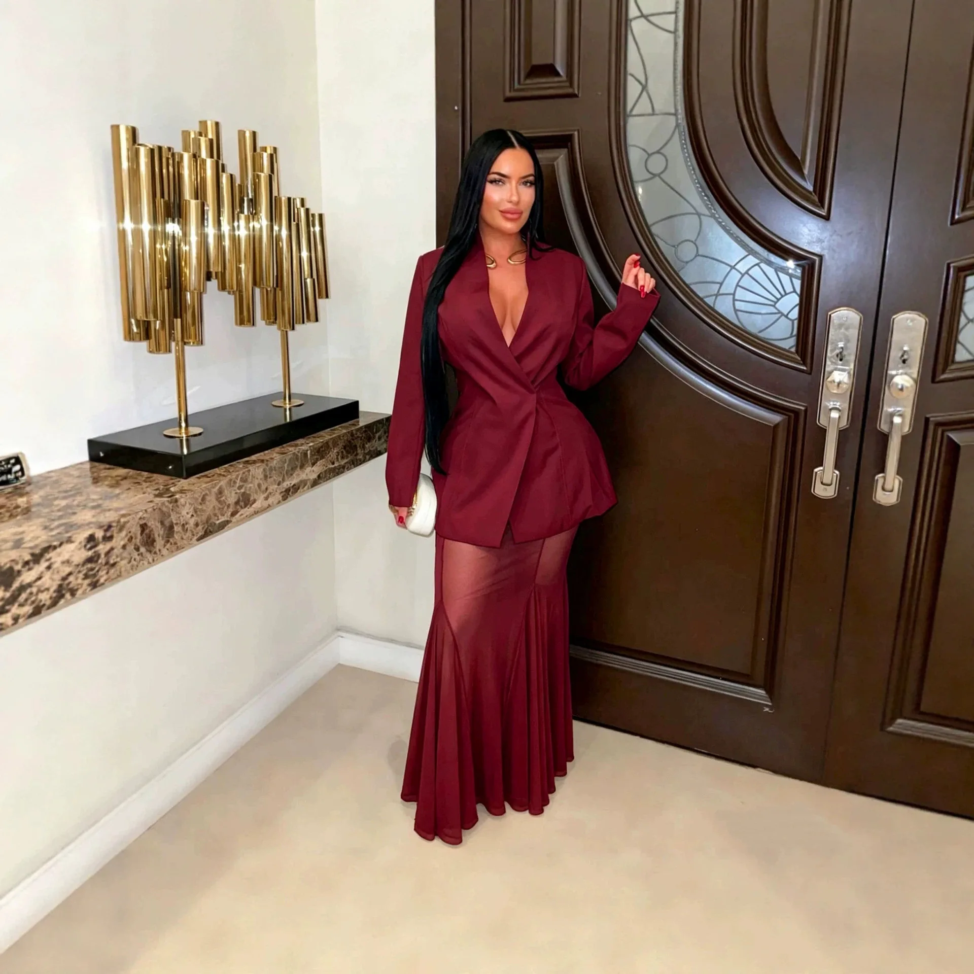 Women 2 Piece Sets Skirt Set Deep V Neck Full Sleeve Lapel Blazers Mermaid Skirts Sheer Mesh Y2k Streetwear Elegant Work Sexy view 5