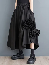 Jupe noire vintage taille haute pour femmes, irrégulière, épissée, florale, grande taille, mode, jupes mi-longues décontractées, vêtements d'été, nouveau, 2024