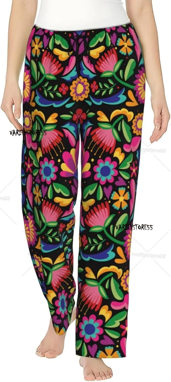 

Colorful Floral Embroidery Mexican Womens Pajama Pants Comfy Lounge Pants Women Wide Leg Casual Pants