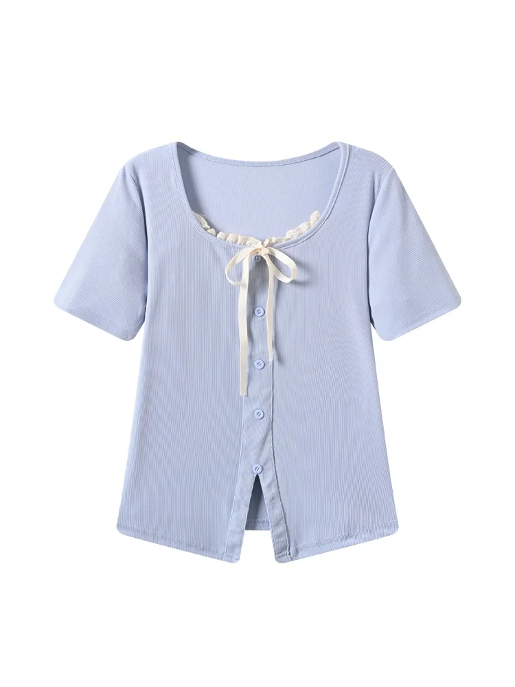 

Summer New plus Size Women's T-shirt Cara CLUB Short Sleeve Lace Splicing Casual Square Collar Top French Style Polyester Fiber