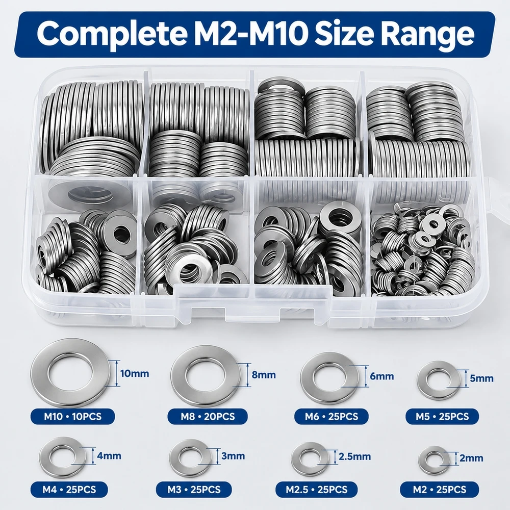 M2-M10 304 SS Washer Assortment 180 Pieces Polished Finish Durable Metal Parts for Industrial and Household Use