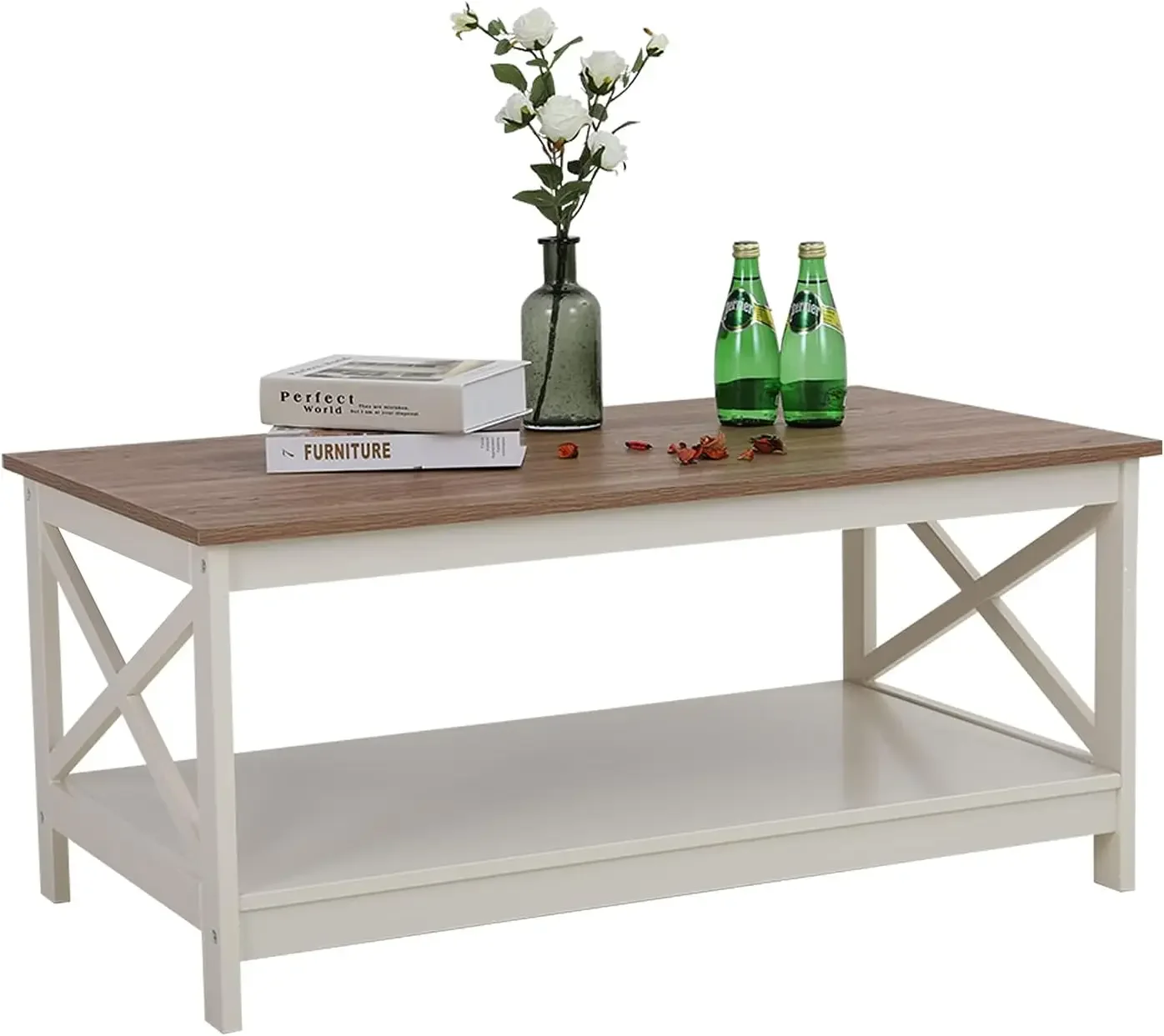 

Farmhouse Coffee Table with Storage Shelf for Living Room, Ivory