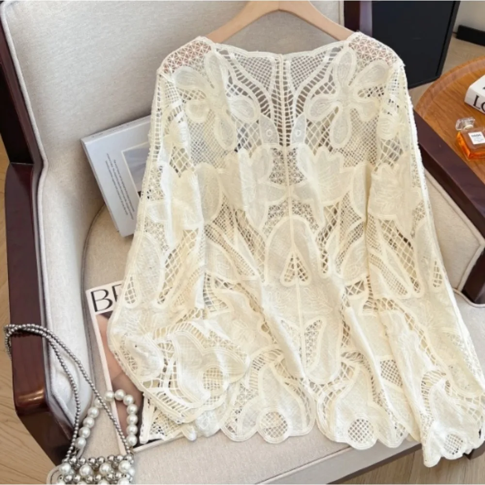 Casual Long Sleeve button loose Elegant cardigan V-neck Chic Hook Flower Hollow Out bohemian Top Plus Size Clothing