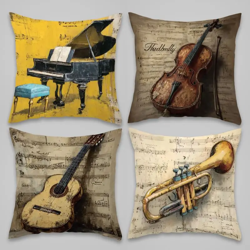 Vintage Music Art Pillowcase Cover Set for Home Decor Retro Jazz Piano Violin Guitar Classical Instrument Print Throw Cushion