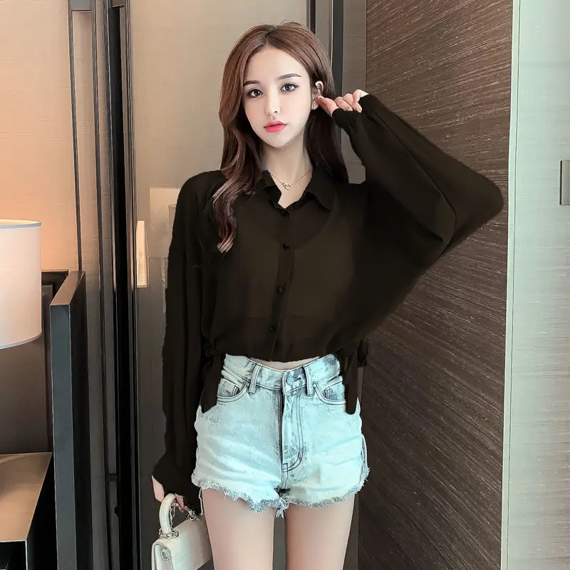 Clothing Full Sleeves Women\'s Shirts and Blouses with Bow Top for Woman Chiffon Transparent See-through Cool Tall M Pretty Y2k