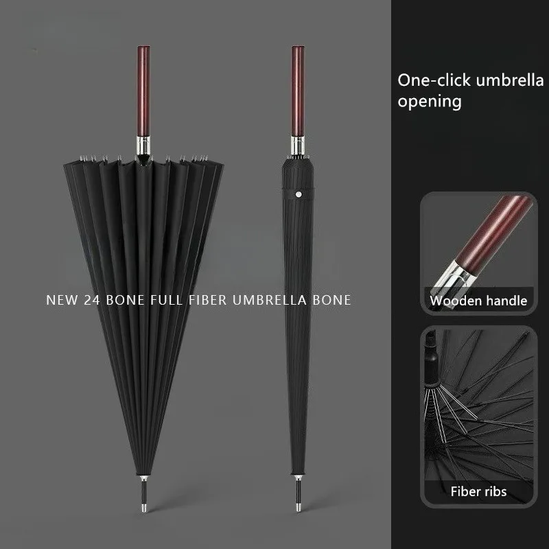 

24 Bone Fiber Lotus Bone Wooden Handle Umbrella Men's High-grade Business Thickened Strong Straight Long Handle Umbrella