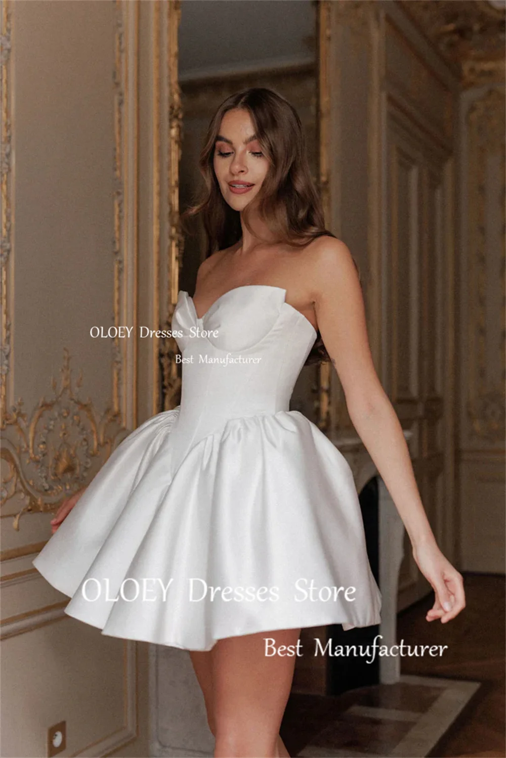 OLOEY Elegant Sweetheart Mini Wedding Dress Sweetheart Pleated Taffeta Vestido de noiva Prom Dress Bridal Gown A-Line Corset