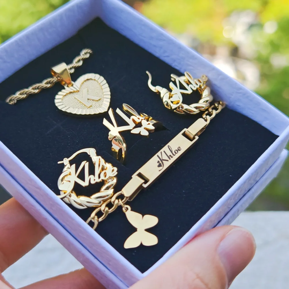 LeeChee Butterfly 4Pcs Set Custom Name Earrings Butterfly Charm Bracelet Ring Heart Pendant Necklace Jewelry Girls Set