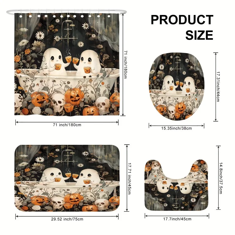 1/4PCS Halloween Ghost Pumpkin Skull Shower Curtain Set with Non-Slip Rugs Toilet Lid Cover and Bath Mat Washable Trick or Treat