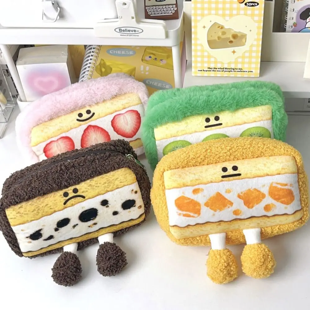 Cosmetic Pouch Bread Sandwich Pencil Case Strawberry Plush Stationery Pouch Funny Kawaii Plush Pencil Bag School Office