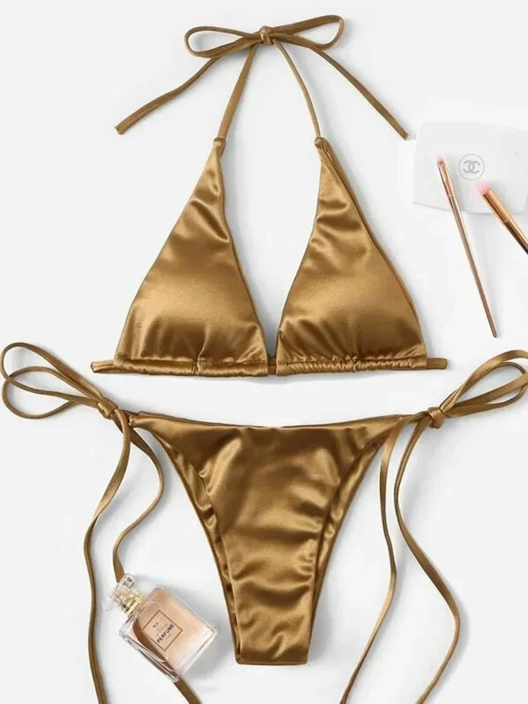 

Wrap Around Halter Metallic Satin Bikini Women Triangle Swimwear Female Swimsuit Two-pieces Bikini set Bather Bathing Suit Swim