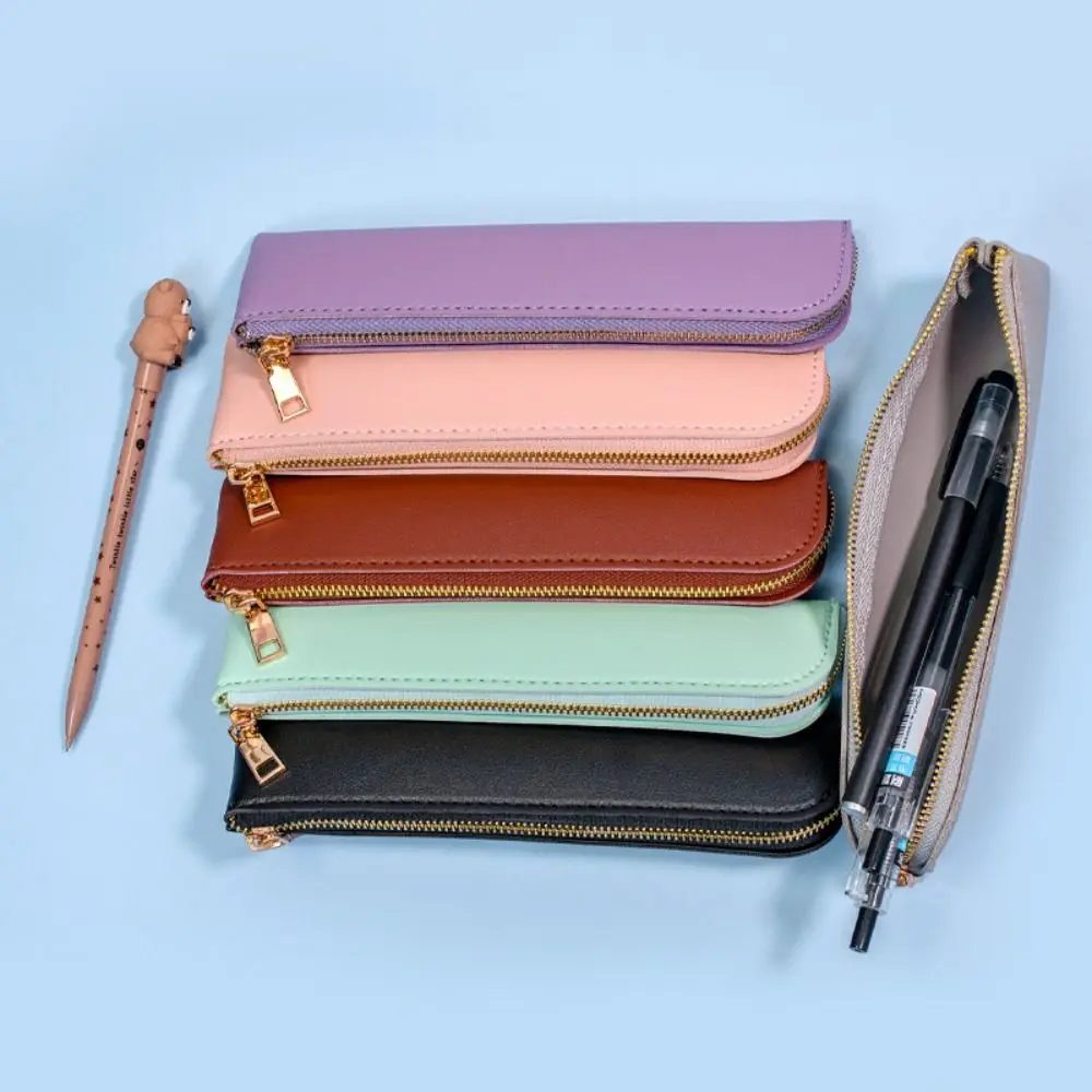 Stylish Portable Simple Pen Bag Leather Elegant Stationery Organizer Compact Multi-function Pencil Case