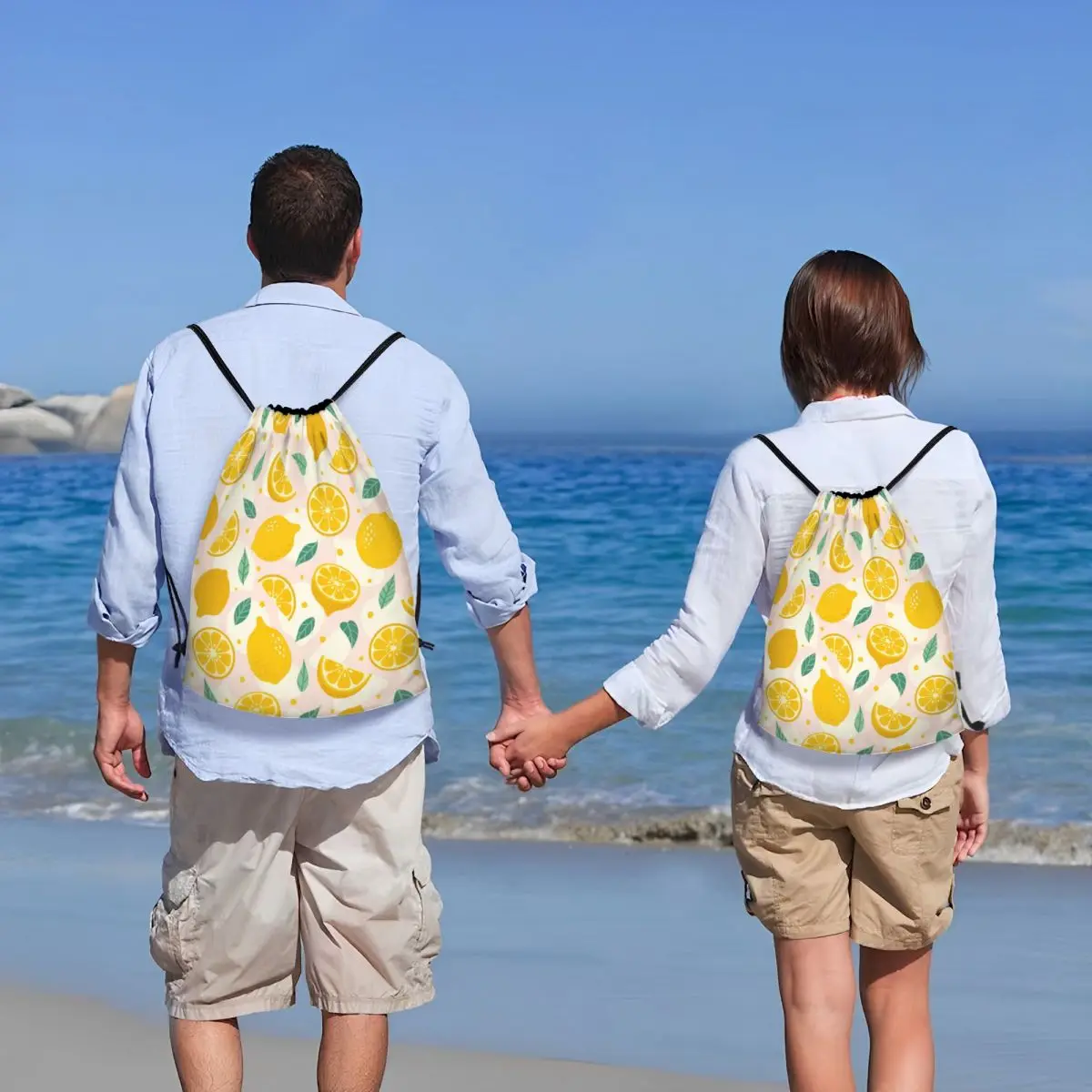 Summer Tropical Fruit Lemon Pattern Drawstring Bags Women Men Foldable Gym Sports Sackpack Shopping Storage Backpacks