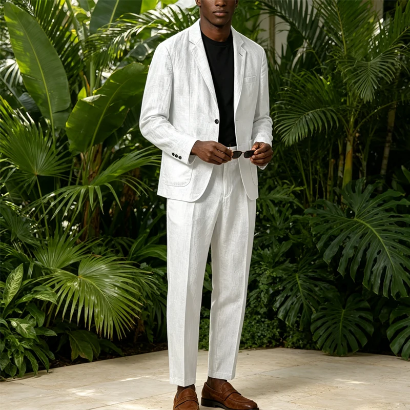 Men Linen Suit 2 Piece Set Notched Lapel 2 Buttons Slim Fit Casual Blazer Lightweight Breathable Summer Beach Wedding Business