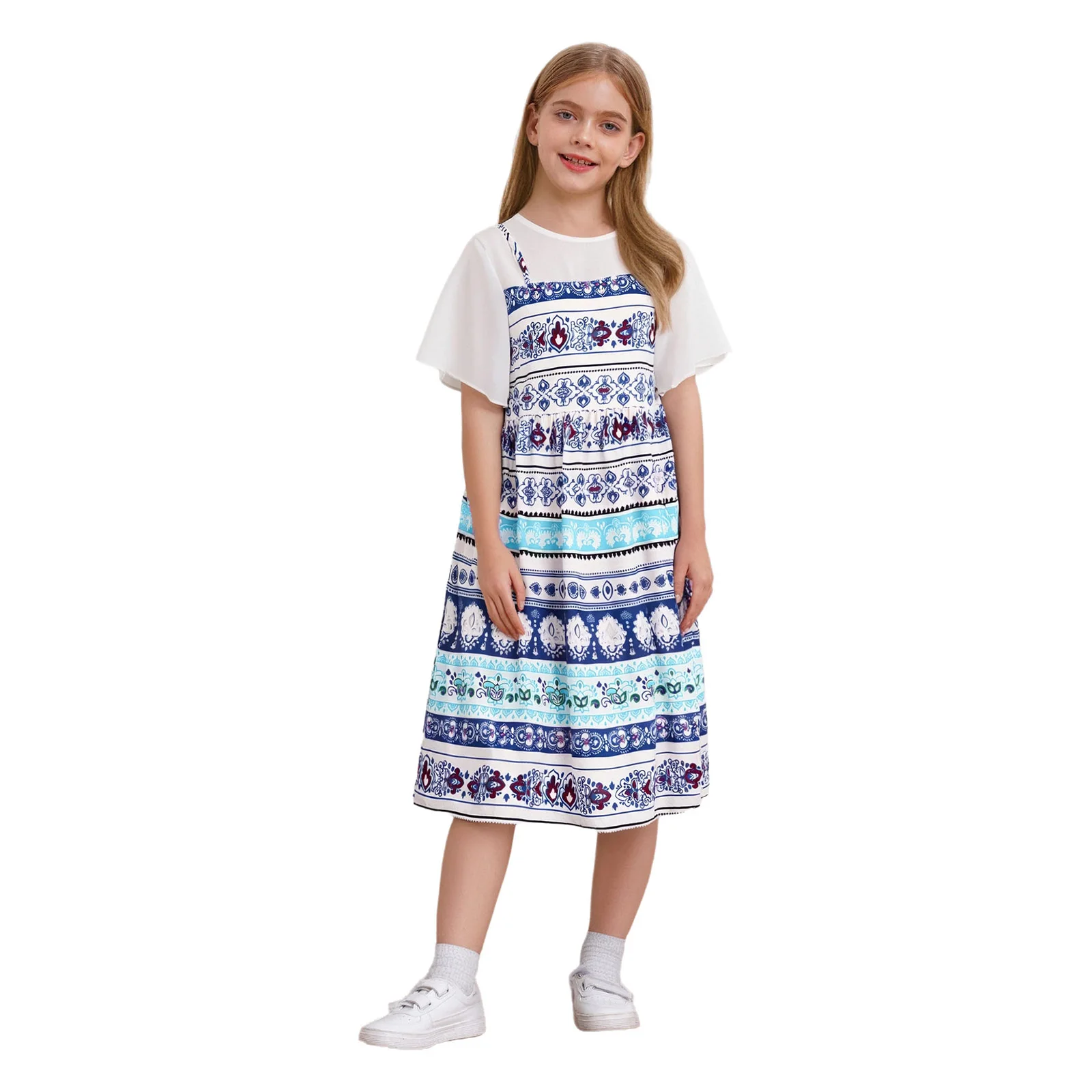 

Kids Girls Summer Dress Floral Print Boho Dress Round Neck Short Sleeve Color Block Belted Dress Casual Travel Holiday Beachwear