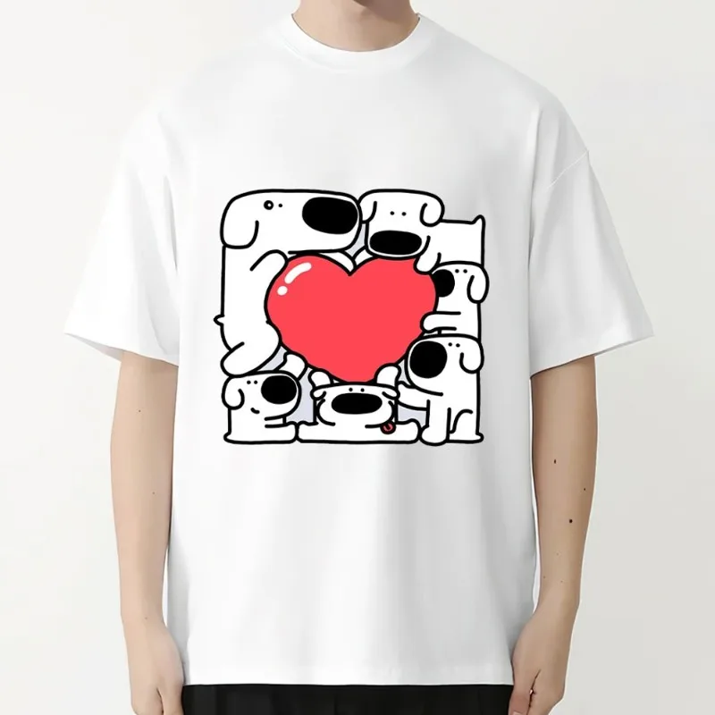 Cartoon Dog Love T Shirt Men Couple Combination Women Clothes Short Sleeve Collar Fashion Cotto