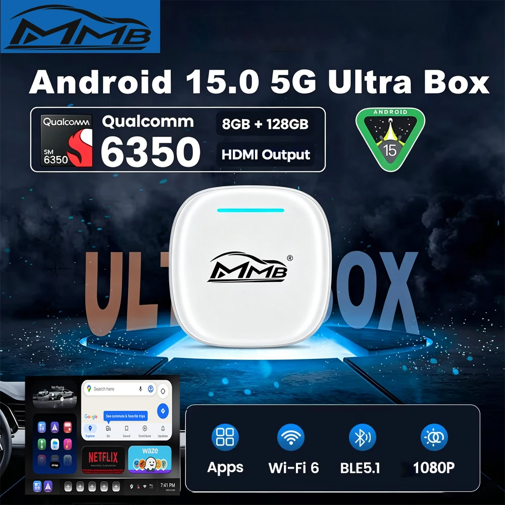 8G+128GB MMB Ultra CarPlay AI Box Android 15 QCM6350 Wireless CarPlay Android Auto Smart TV Box For Youtube Netflix IPTV 5G SIM