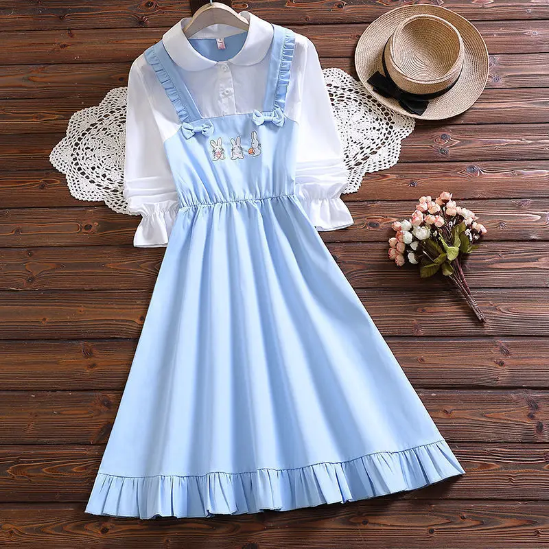 2023 autumn retro Kids Student Dresses Child Clothes Teenager School Uniform Maid Dress bunny Girls Daily Korean 6 9 12 14 year