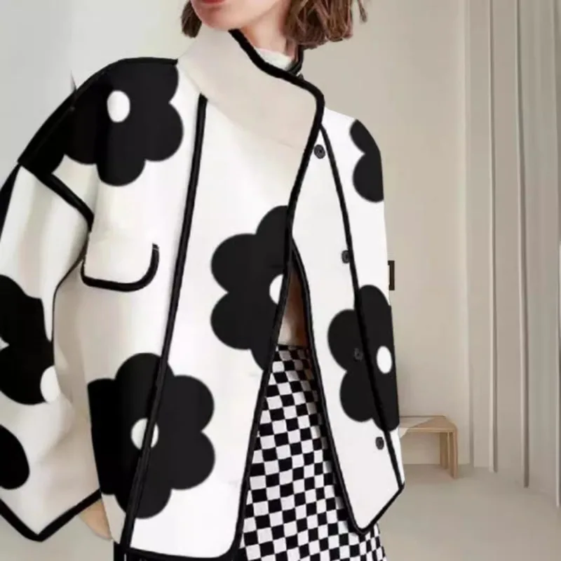 Women Jackets Spring Autumn Long Sleeves Loose Color Blocking Flower Print Slit Stand Collar Outerwear 2026 Women's Tops Coats