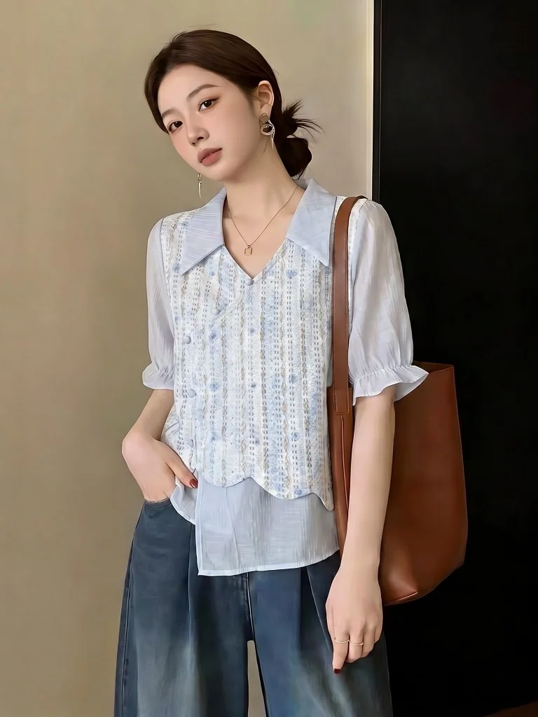 

Light Blue V-Neck Short Sleeve Shirt Women's plus Size Summer New Style Irregular Top Korean Style Commute Wind Loose Fit