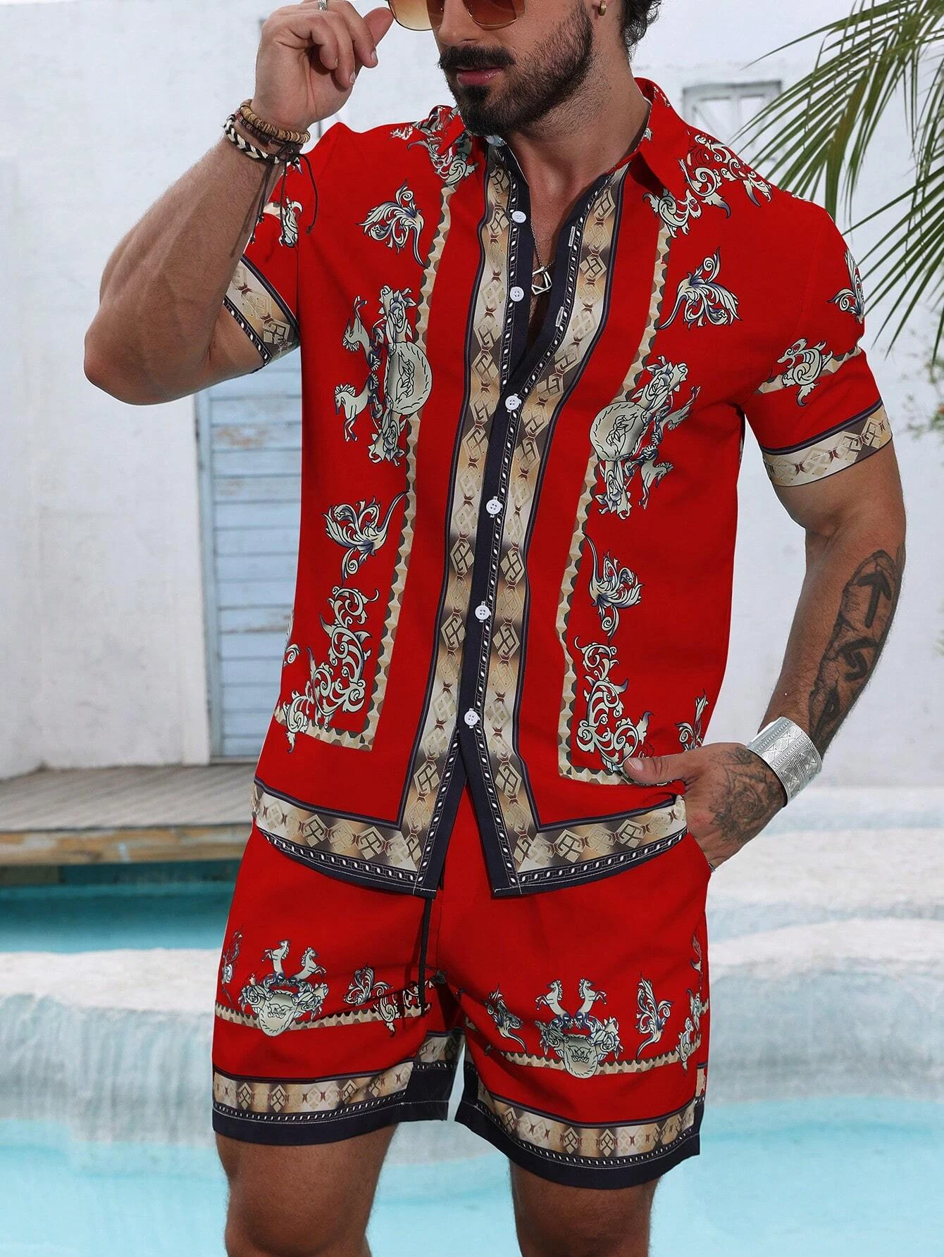 مخطط قميص مجموعة الرجال قصيرة الأكمام قميص الصيف قصيرة الأكمام قميص شورتات للبحر الرجال دعوى الشارع عادية Y2k السراويل الترفيه