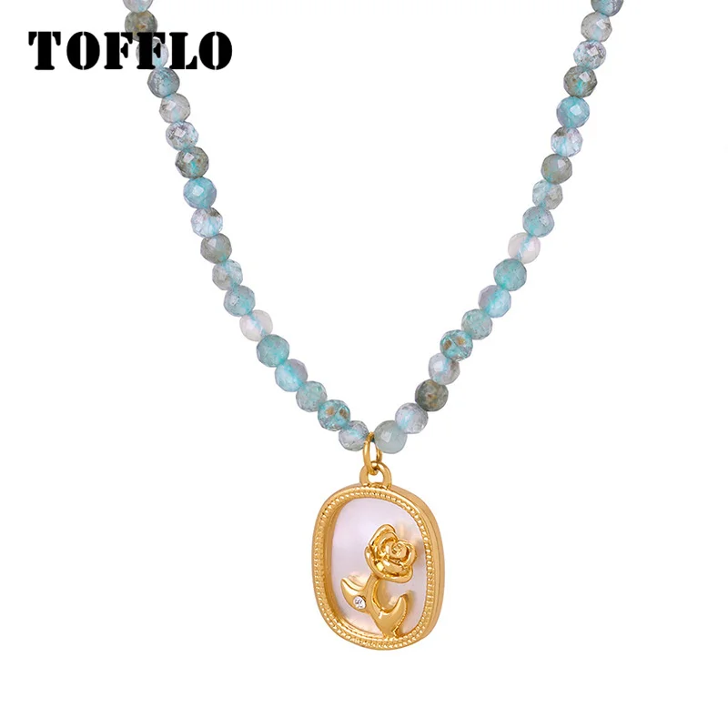 

TOFFLO Stainless Steel Jewelry Lace Square White Seashell Rose Pendant With Zirconia Beaded Titanium Steel Necklace BSP1751