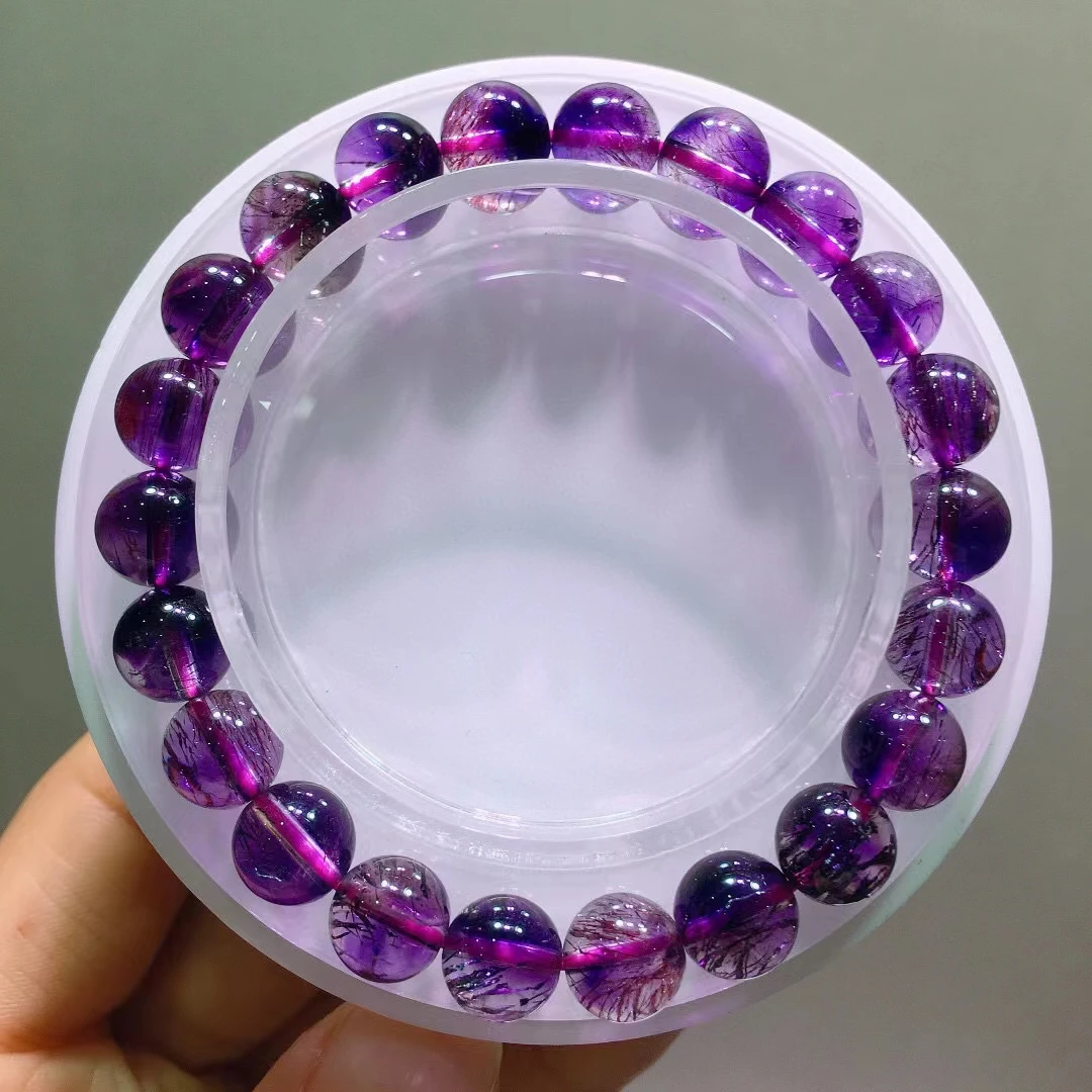 

Natural Super 7 Seven Rutilated Quartz Bracelet Woman Men 8.7mm Clear Round Beads Purple Super Seven 7 AAAAAA