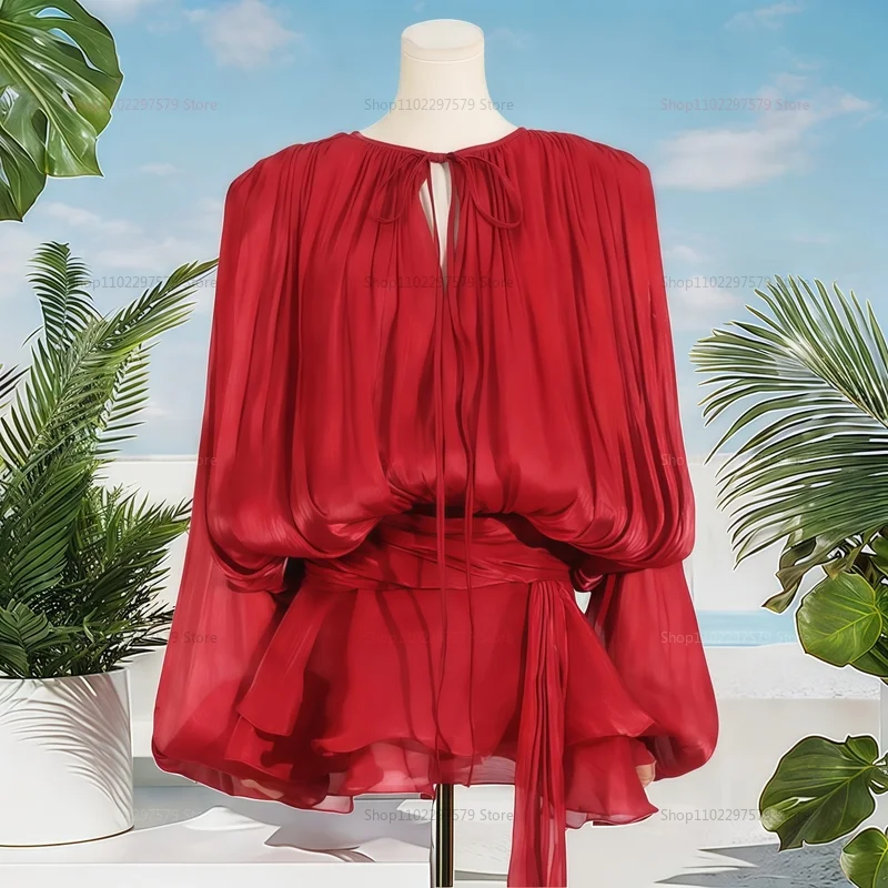 فستان نسائي قصير أنيق ومريح للاستخدام اليومي ومثير من الدانتيل ورقبة على شكل حرف V وأكمام طويلة من الدانتيل والشيفون اللطيف للحفلات