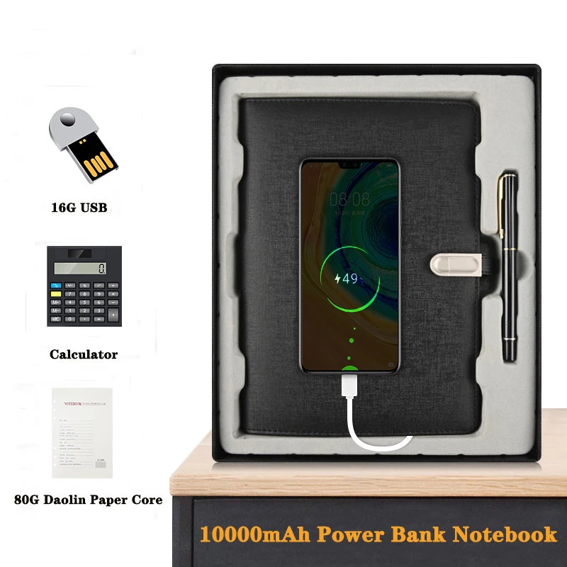 10000mAh Power Bank Notebook with Calculator Card Slot Business Noterpad Multifunctional Wireless Wired Charging Diary with USB