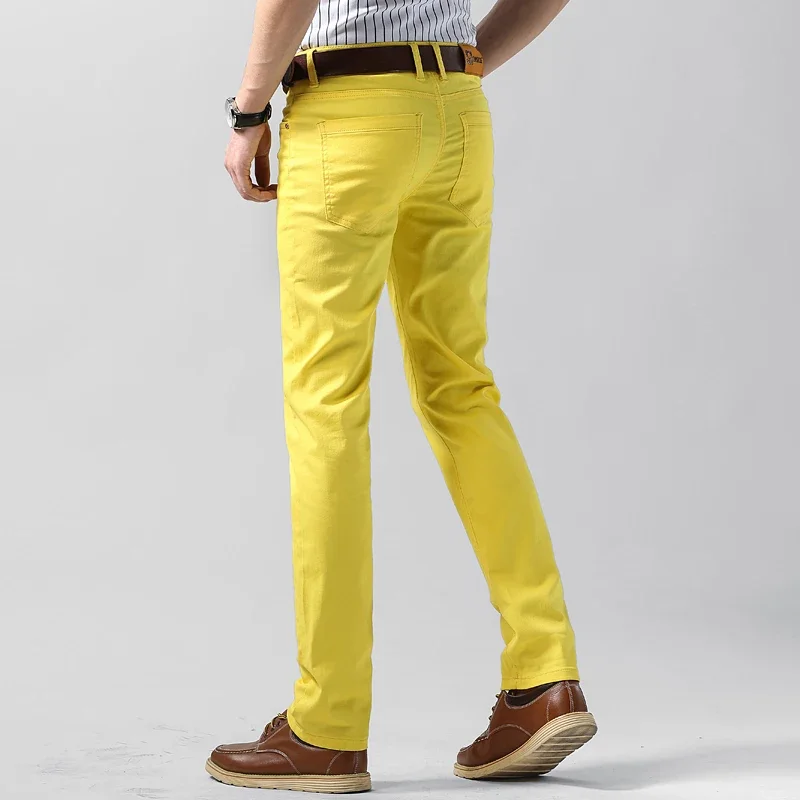 Pantalones vaqueros de estilo clásico para hombre, Vaqueros elásticos ajustados de marca, color rosa, rojo y amarillo, moda de negocios, novedad de