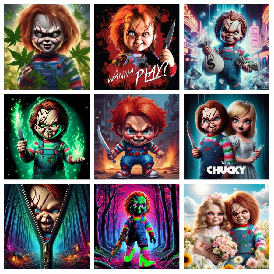 Horror Chucky&Bride Of Chucky Cartoon Pittura diamante Arte Film di Halloween Gioco per bambini Punto croce Ricamo Decorazioni per la casa Regalo