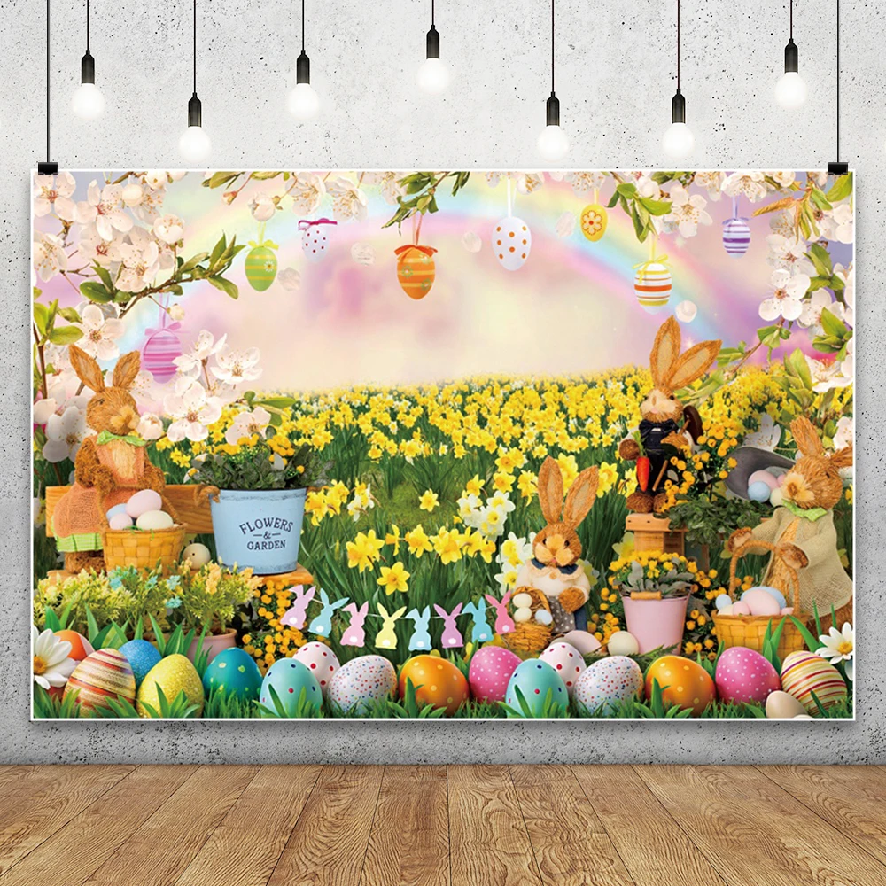 Happy Easter Backdrop Photography Spring Bunny Colorful Eggs Flowers Garden Baby Portrait Photocall Background for Photo Studio