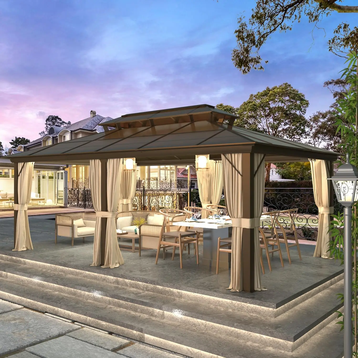 شرفة صلبة مقاس 12 × 20 بوصة، مظلة سقف مزدوجة من البولي كربونات الخارجية، إطار من الألومنيوم جناح دائم مع ستائر و #5