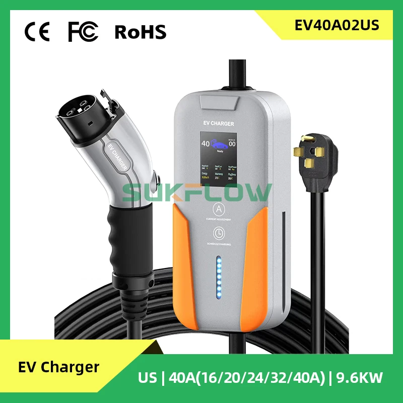 Sukflow-Chargeur Portable EV Type 1 SAE J1772 Standard 40A 9.6KW 5M, Connecteur de Véhicule Électrique