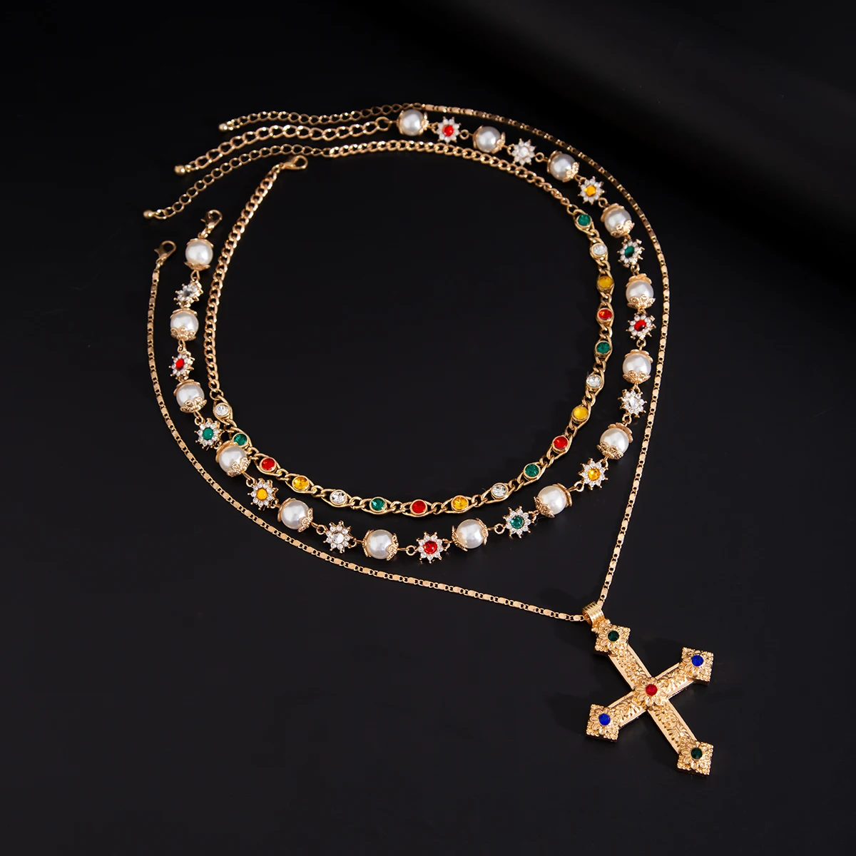 Salircon 3pcs/set Fashion Luxury Imitation Pearl Rhinestone Flower Beads Choker Necklace Men Exquisite Cross Pendant Jewelry